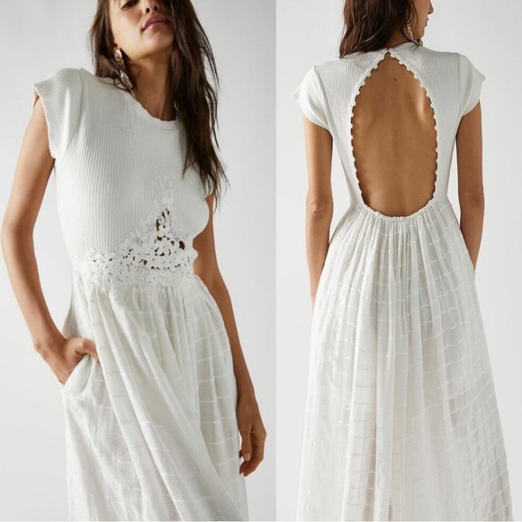 Free People Serenity Lace Back Jersey Cutout Backless Maxi Dress White XL NEW - Picture 2 of 4